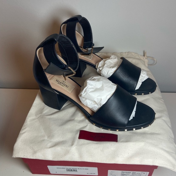 Valentino Rock-stud Black Leather Sandal with Block Heel - Picture 2 of 4